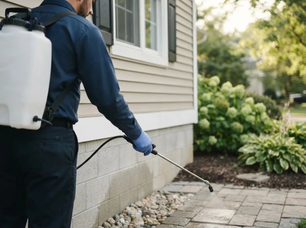 Pest control technician inspecting a home in Hyde Park, VT